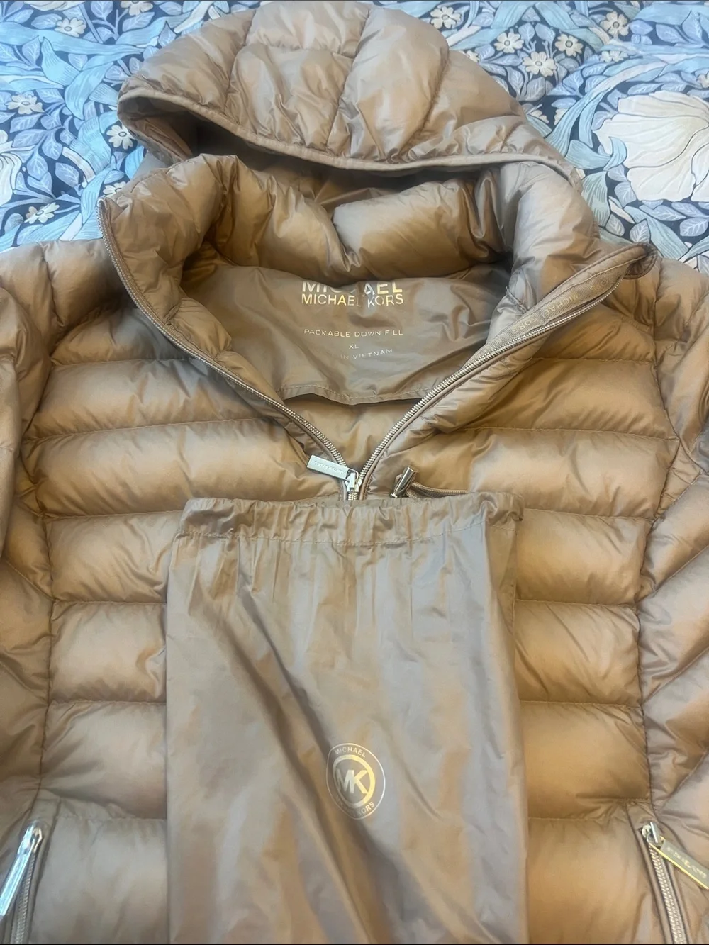 Michael Kors Tan Quilted Hooded Puffer Jacket